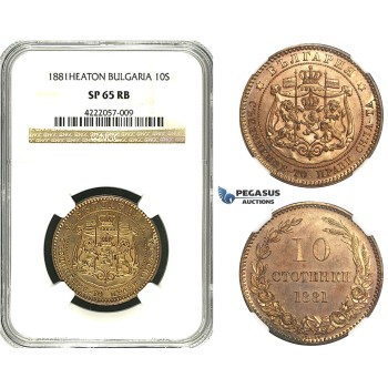 ZB83, Bulgaria, Ferdinand I, 10 Stotinki 1881-Heaton, NGC SP65RB, Pop 1/0, Finest! Rare!