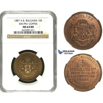 ZB84, Bulgaria, Ferdinand I, Copper Pattern 10 Santim 1887-AB, Paris, NGC MS64RB
