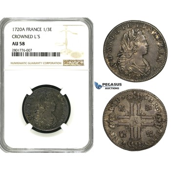 ZB92, France, Louis XV, 1/3 Ecu (Petit Louis dArgent) 1720-A, Paris, Silver, NGC AU58 (Crowned LS)