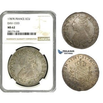 ZB93, France, Louis XVI, Ecu 1787-R, Orléans, Silver, NGC MS62, Pop 1/0, Finest!
