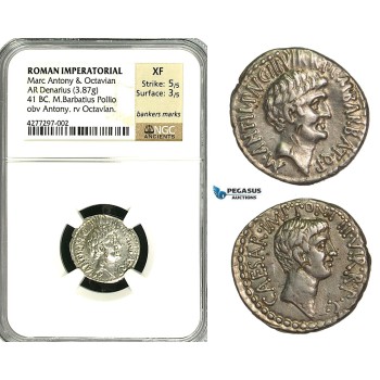 ZC03, Roman Imperatorial, Marcus Antonius and Octavian AR Denarius (3.87g) Ephesus, 41 BC, Octavian, NGC XF