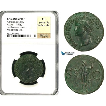 ZC11, Roman Empire, Agrippa (d. 12 BC) Æ As (11.86g) Rome, 37-41 AD (Struck under Caligula) Neptune, Fantastic!, NGC AU