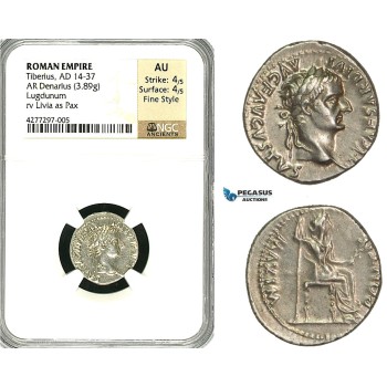 ZC14, Roman Empire, Tiberius (14-37 AD) AR Denarius Tribute Penny (3.89g) Lugdunum (Lyon), 18-35 AD, Pax, NGC AU, Fine Style