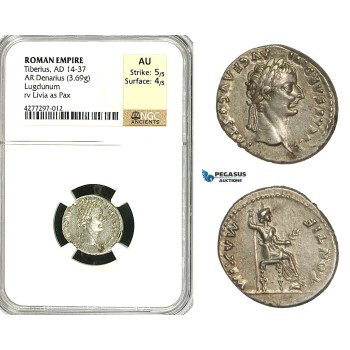 ZC15, Roman Empire, Tiberius (14-37 AD) AR Denarius Tribute Penny (3.69g) Lugdunum (Lyon), 18-35 AD, Pax, NGC AU
