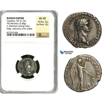 ZC16, Roman Empire, Claudius (41-54 AD) AR Denarius (3.68g) Rome, 46-47 AD, Pax-Nemesis, Rare! NGC Ch VF