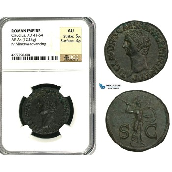 ZC18, Roman Empire, Claudius (41-54 AD) Æ As (12.13g) Rome, 50-54 AD, Minerva, NGC AU