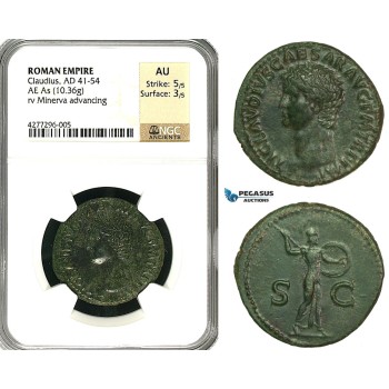 ZC19, Roman Empire, Claudius (41-54 AD) Æ As (10.36g) Rome, 50-54 AD, Minerva, NGC AU