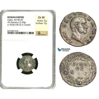 ZC23, Roman Empire, Galba (68-69 AD), AR Denarius (3.50g) Rome, SPQR, Rare! NGC Ch XF