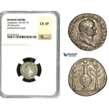 ZC25, Roman Empire, Divus Vespasian  (69-79 AD), AR Denarius (3.43g)  Rome, 80-81 AD (Struck under Titus) Urn, NGC Ch VF