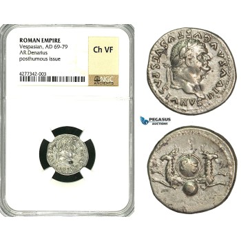 ZC30, Roman Empire, Divus Vespasian  (69-79 AD), AR Denarius (3.09g) Struck under Titus, Rome, 80-81 AD, Capricorns, NGC Ch VF