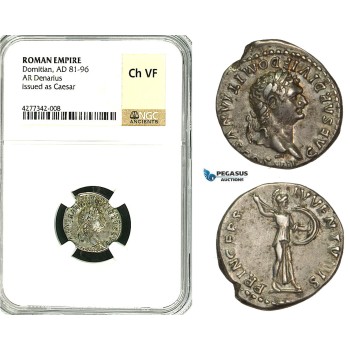 ZC37, Roman Empire, Domitian (81-96 AD), AR Denarius (3.40g) Rome, Struck under Titus, Rome, Minerva, NGC Ch VF