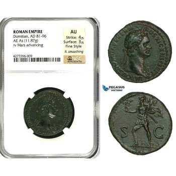 ZC39, Roman Empire, Domitian (81-96 AD) Æ As (11.87g) Rome, 85 AD, Mars, NGC AU, Fine Style