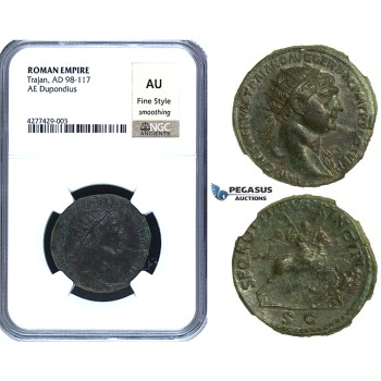 ZC46, Roman Empire, Trajan (98-117 AD) Æ Dupondius, Rome, 105-107 AD. Dacian, NGC AU, Fine Style