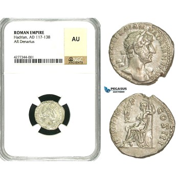 ZC49, Roman Empire, Hadrian (117-138 AD), AR Denarius (3.60g) Rome, 119-122 AD, NGC AU