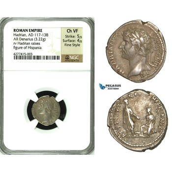 ZC52, Roman Empire, Hadrian (117-138 AD) AR Denarius (3.22g) Rome, 134-138 AD, Hispania, Very Rare! NGC Ch VF, Fine Style