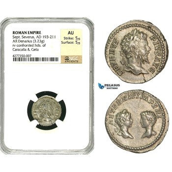 ZC72, Roman Empire, Septimius Severus (193-211 AD), AR Denarius (3.23g) Rome, 201 AD, Caracalla & Geta, NGC AU