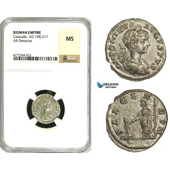 ZC82, Roman Empire, Caracalla (197-217 AD), AR Denarius (2.73g) Laodicea, 201 AD, Salus, NGC MS
