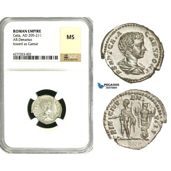 ZC86, Roman Empire, Geta (198-209 AD), AR Denarius (3.00g) Rome, Trophy, NGC MS