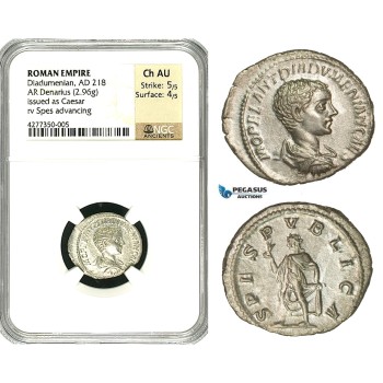 ZC90, Roman Empire, Diadumenian as Caesar (217-218 AD), AR Denarius (2.96g) Rome, 218 AD, (Under Macrinus) Spes, NGC Ch AU