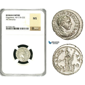 ZC99, Roman Empire, Elagabalus (218-222 AD), AR Denarius (3.07g) Antioch, 218-219 AD, Hilaritas, NGC MS