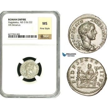 ZD01, Roman Empire, Elagabalus (218-222 AD), AR Denarius (3.91g) Rome, 218-219 AD, Fides, NGC MS, Fine Style