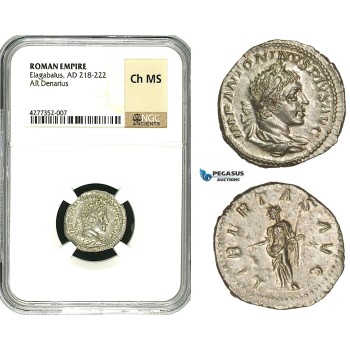 ZD05, Roman Empire, Elagabalus (218-222 AD), AR Denarius (3.11g) Rome, 220-221 AD, Libertas, NGC Ch MS