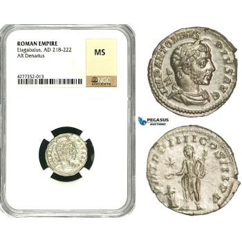 ZD11, Roman Empire, Elagabalus (218-222 AD), AR Denarius (2.86g) Rome, 220-221 AD, Altar, NGC MS