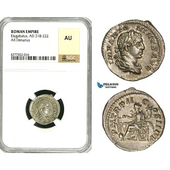 ZD14, Roman Empire, Elagabalus (218-222 AD), AR Denarius (2.85g) Rome, 218-219 AD, Fortuna, NGC AU