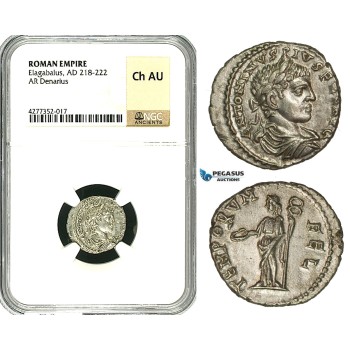 ZD15, Roman Empire, Elagabalus (218-222 AD), AR Denarius (2.78g) Antioch, 218-222 AD, Felicitas, NGC Ch AU