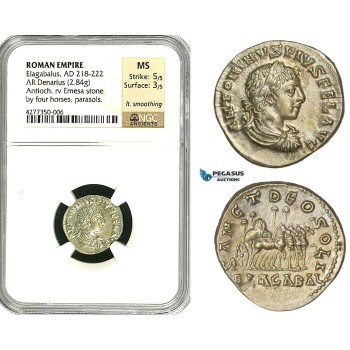 ZD16, Roman Empire, Elagabalus (218-222 AD), AR Denarius (2.85g) Antioch, 218-219 AD, Quadriga, Rare! NGC MS