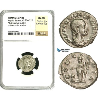 ZD21, Roman Empire, Aquilia Severa, second wife of Elagabalus (AD 220-222), AR Denarius (3.35g) Rome,  221-222 AD, Concordia, NGC Ch AU