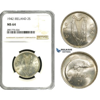ZD59, Ireland, Free State, Florin - 2 Shillings 1942, Silver, NGC MS64