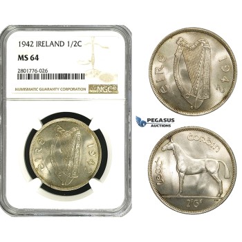 ZD61, Ireland, Free State, 1/2 Crown 1942, Silver, NGC MS64