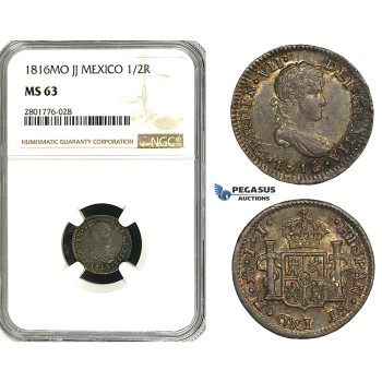 ZD62, Mexico, Ferdinand VII, 1/2 Real 1816-Mo JJ, Mexico City, Silver, NGC MS63