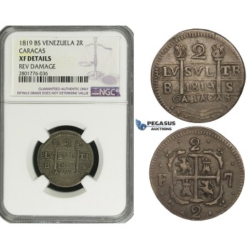ZD72, Venezuela, Caracas, Ferdinand VII, 2 Reales 1819-BS, Silver, NGC XF Det.