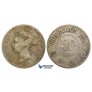 ZD74, Hong Kong, Victoria, 50 Cents 1891, Silver, Spotted toning, aVF