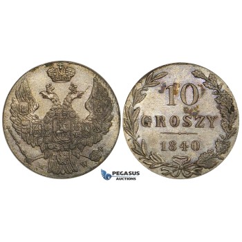 ZD76, Poland (under Russia) Nicholas I, 10 Groszy 1840 M-W, Warsaw, Silver, AU-UNC