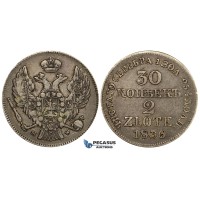 ZD77, Poland (under Russia) Nicholas I, 30 Kopeks/2 Zlote 1836 M-W, Warsaw, Silver, Toned aVF
