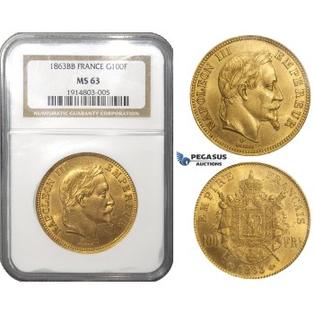 ZD78, France, Napoleon III, 100 Francs 1863-BB, Strasbourg, Gold, NGC MS63
