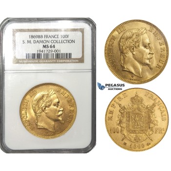 ZD79, France, Napoleon III, 100 Francs 1869-BB, Strasbourg, Gold, NGC MS64