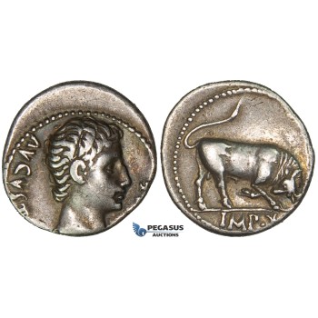 ZD83, Roman Empire, Augustus (27 BC - 14 AD) AR Denarius (3.79g) Lugdunum (Lyon) 15-13 BC, Bull, Patina, VF