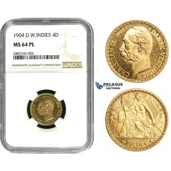 ZE05, Danish West Indies, Christian IX, 4 Daler/20 Francs 1904, Copenhagen, Gold, NGC MS64PL (Rare designation)