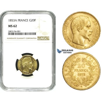 ZE07, France, Napoleon III, 20 Francs 1853-A, Paris, Gold, NGC MS62
