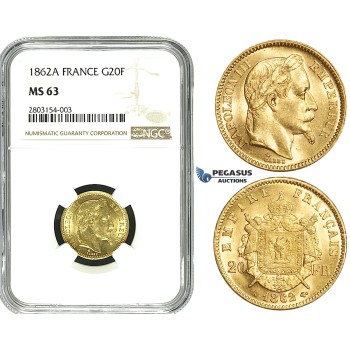 ZE09, France, Napoleon III, 20 Francs 1862-A, Paris, Gold, NGC MS63
