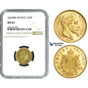 ZE10, France, Napoleon III, 20 Francs 1865-BB, Strasbourg, Gold, NGC MS63