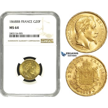 ZE12, France, Napoleon III, 20 Francs 1868-BB, Strasbourg, Gold, NGC MS64