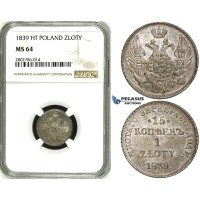ZE17, Poland (under Russia) Nicholas I, 15 Kopeks/ 1 Zloty 1839 НГ, St. Petersburg, Silver, NGC MS64, Pop 1/0, Finest!