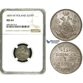 ZE17, Poland (under Russia) Nicholas I, 15 Kopeks/ 1 Zloty 1839 НГ, St. Petersburg, Silver, NGC MS64, Pop 1/0, Finest!