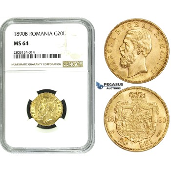 ZE23, Romania, Carol I, 20 Lei 1890-B, Bucharest, Gold, NGC MS64