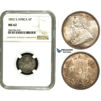 ZE25, South Africa (ZAR) Sixpence (6 Pence) 1892, Silver, NGC MS62